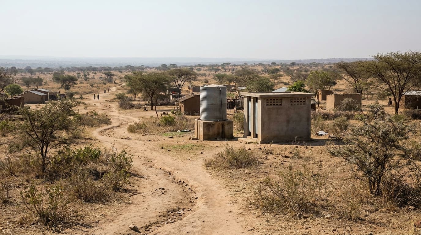 Documentary landscape photograph of a small village in a dry-savanna setting with a slim galvanised water-storage tank on a low stand and a cast-concrete sanitation block visible together in the middle distance, a worn footpath leading toward them through acacia trees and low scrub