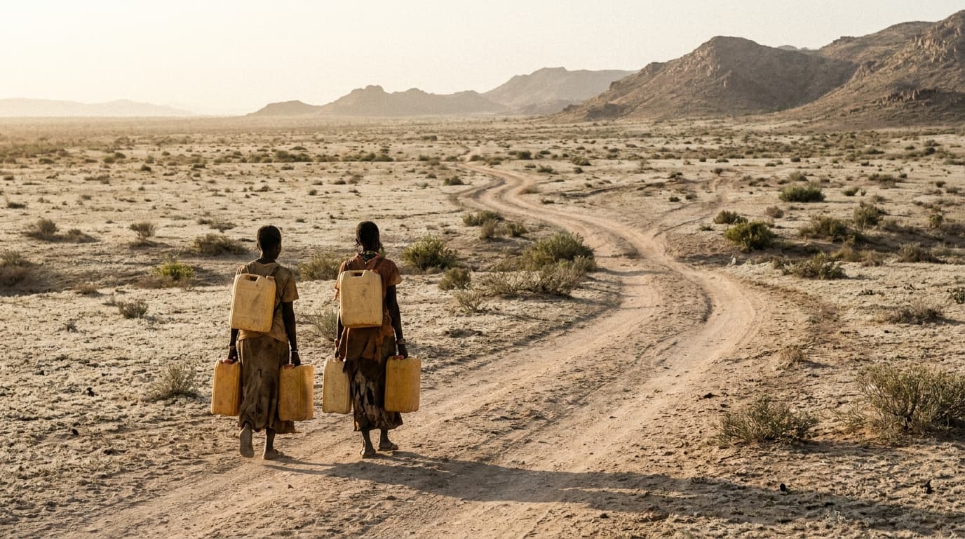 Documentary photograph of two women walking single-file along a dirt path through a semi-arid landscape, each carrying a twenty-litre yellow jerrycan of water, taken from behind at respectful middle distance with pale earth and low scrub stretching toward distant dry hills