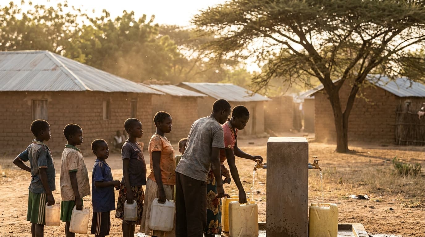 Documentary photograph of children and adults lined up at a simple cast-concrete public tap stand in a village, water visibly flowing, taken at respectful middle distance with mud-brick homes and an acacia tree in the warm afternoon background
