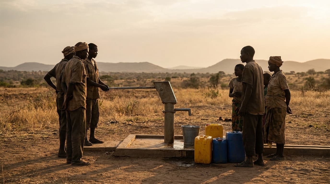 Documentary photograph of a small rural community gathered at a working hand-pump borehole in golden-hour light, taken at respectful middle distance, with plastic jerrycans and a galvanised bucket on the concrete plinth and low dry hills on the horizon