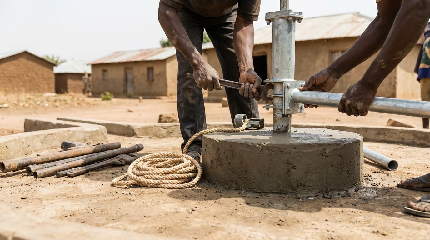 Documentary photograph of well-construction work in progress: two pairs of hands installing a galvanised hand-pump mechanism on a fresh cast-concrete plinth in a village setting, with a coiled rope, lengths of pipework, and a wrench on the ground; faces out of frame so the tools and labour are the subject