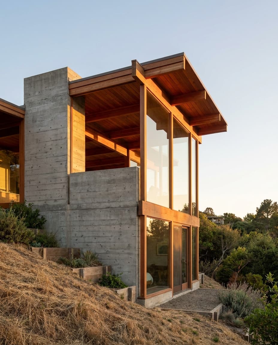 Architectural photograph of The Hillside Pavilion in Murray Hill, San Francisco, designed by the architect of record in 1957, mid-century era, no people in frame