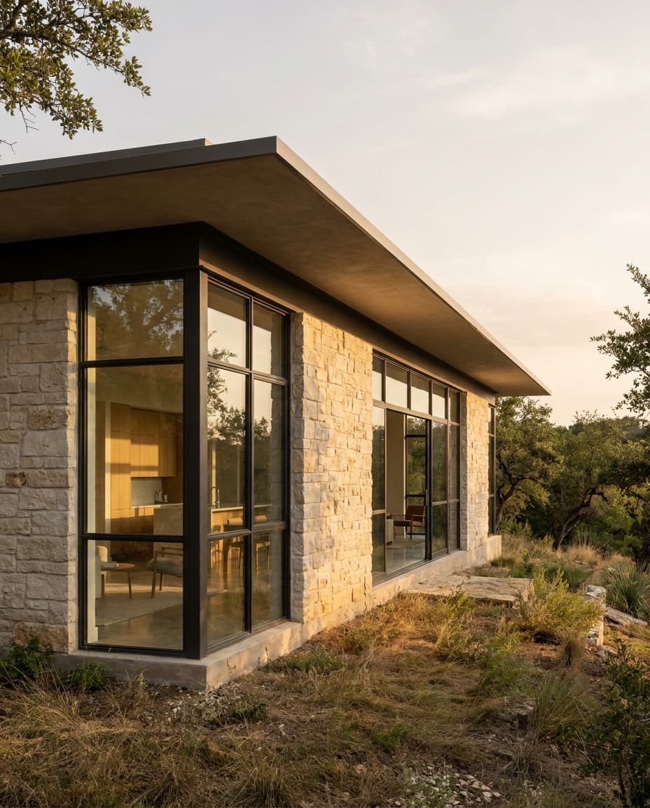 Architectural photograph of The Ridge House in Northwest Hills, Austin, designed by the architect of record in 1962, modernist era, no people in frame
