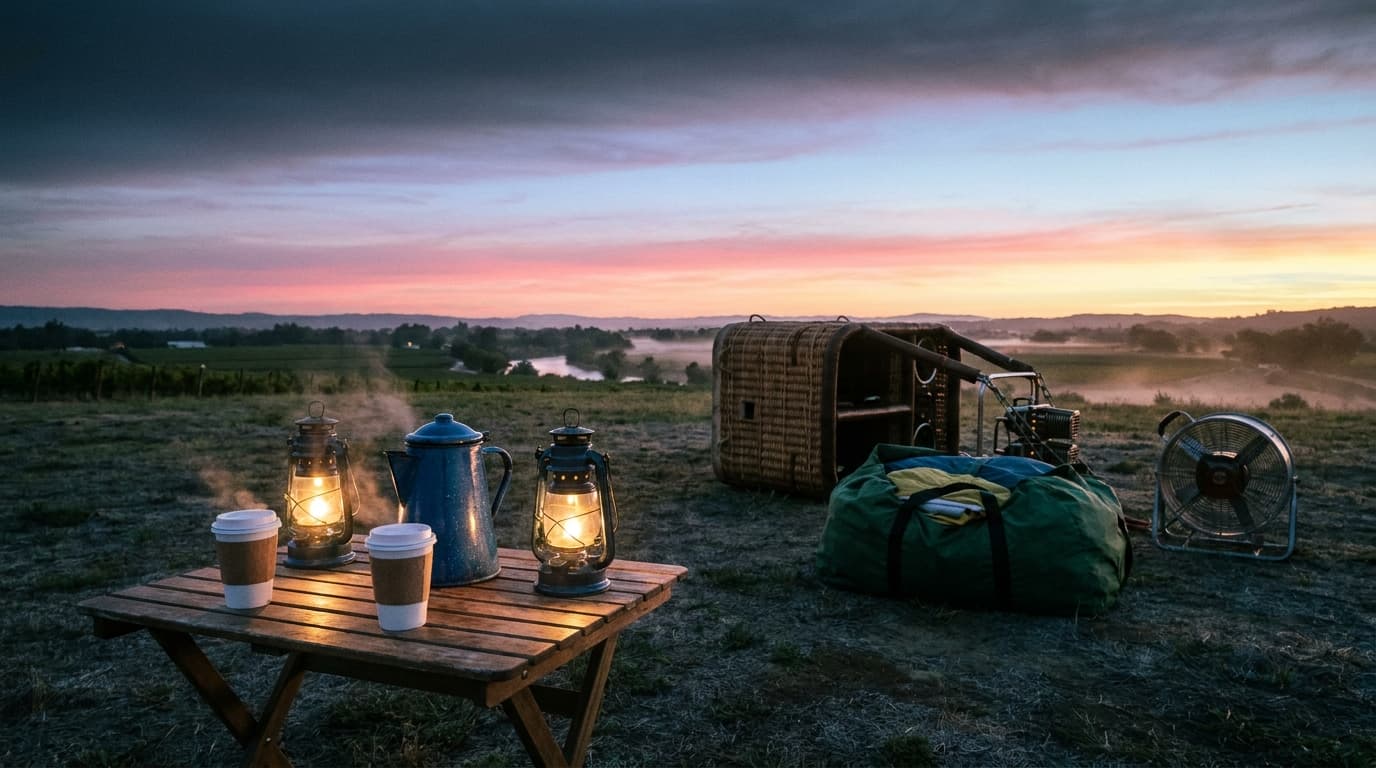 Drift and Dawn pre-dawn launch meadow at 4:30 a.m.: a folding wooden table with paper coffee cups and small lit storm lanterns, the wicker balloon basket on its side on the grass beside the envelope bag and the inflation fan, the eastern horizon beginning to glow lavender