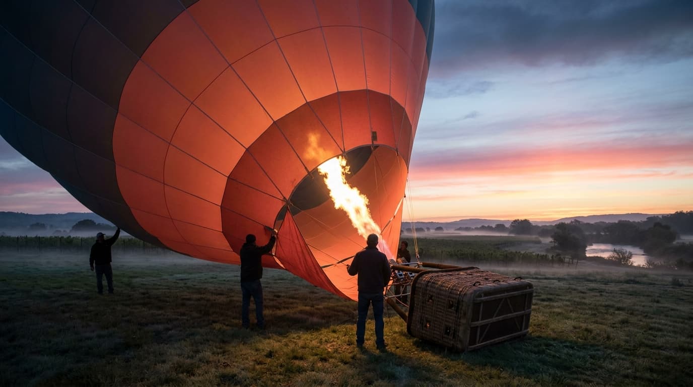 A Drift and Dawn balloon envelope mid-inflation at first light: a long warm orange-yellow burner flame drawing into the envelope mouth, two distant ground-crew silhouettes holding the mouth open, the dawn sky behind moving from deep navy through lavender and rose to coral