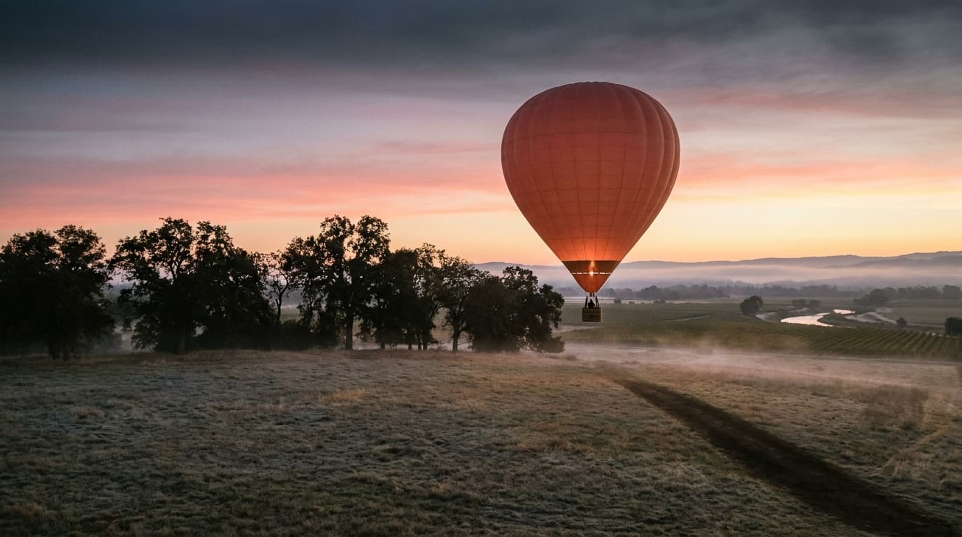 A Drift and Dawn balloon clearing the meadow treeline at lift-off: the basket a metre above the grey-gold grass, the long shadow falling toward the lower right, the sky overhead in the dawn palette of navy, lavender, rose, coral, and pale gold along the horizon