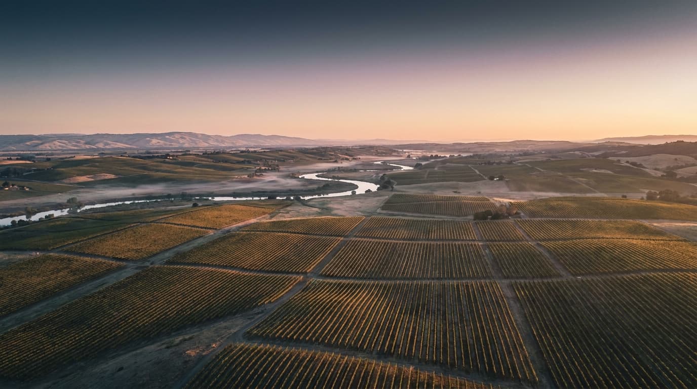 Wide aerial landscape from a Drift and Dawn balloon at altitude over the Sonoma valley at sunrise: vineyards in slow parallel, a silver curving river, low hills on the horizon, faint ground mist in the low places
