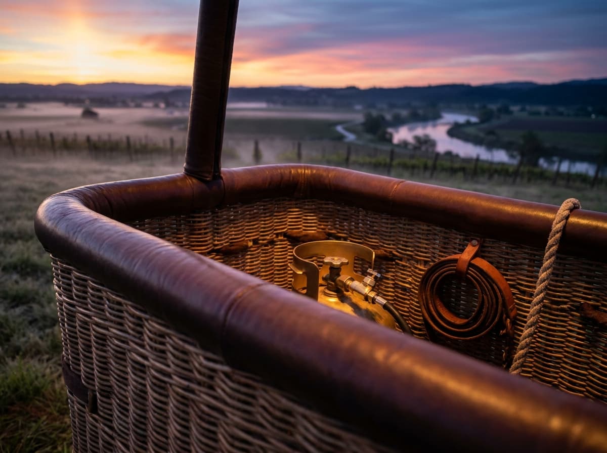 Close detail of a Drift and Dawn balloon basket on the launch meadow at dawn: woven wicker, a leather-wrapped rim, a brass propane tank fitting and a coiled tether rope visible inside, the Sonoma vineyards and a silver river in the soft background under a dawn sky