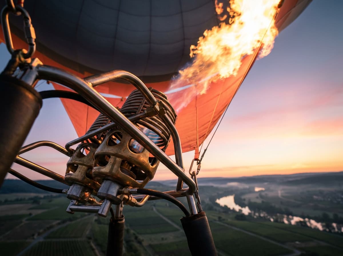 Close detail of a Drift and Dawn balloon burner mid-firing at altitude: the brass-and-stainless burner ring with a long warm orange-yellow propane flame drawing into the envelope mouth, the Sonoma vineyards and a silver river visible far below in the dawn light