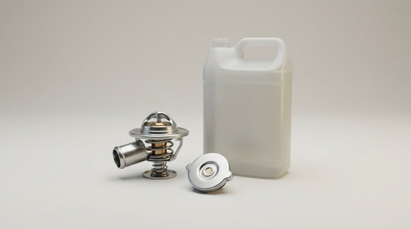 Cooling-system tune-up: Thermostat, radiator cap, and a coolant jug bundled.