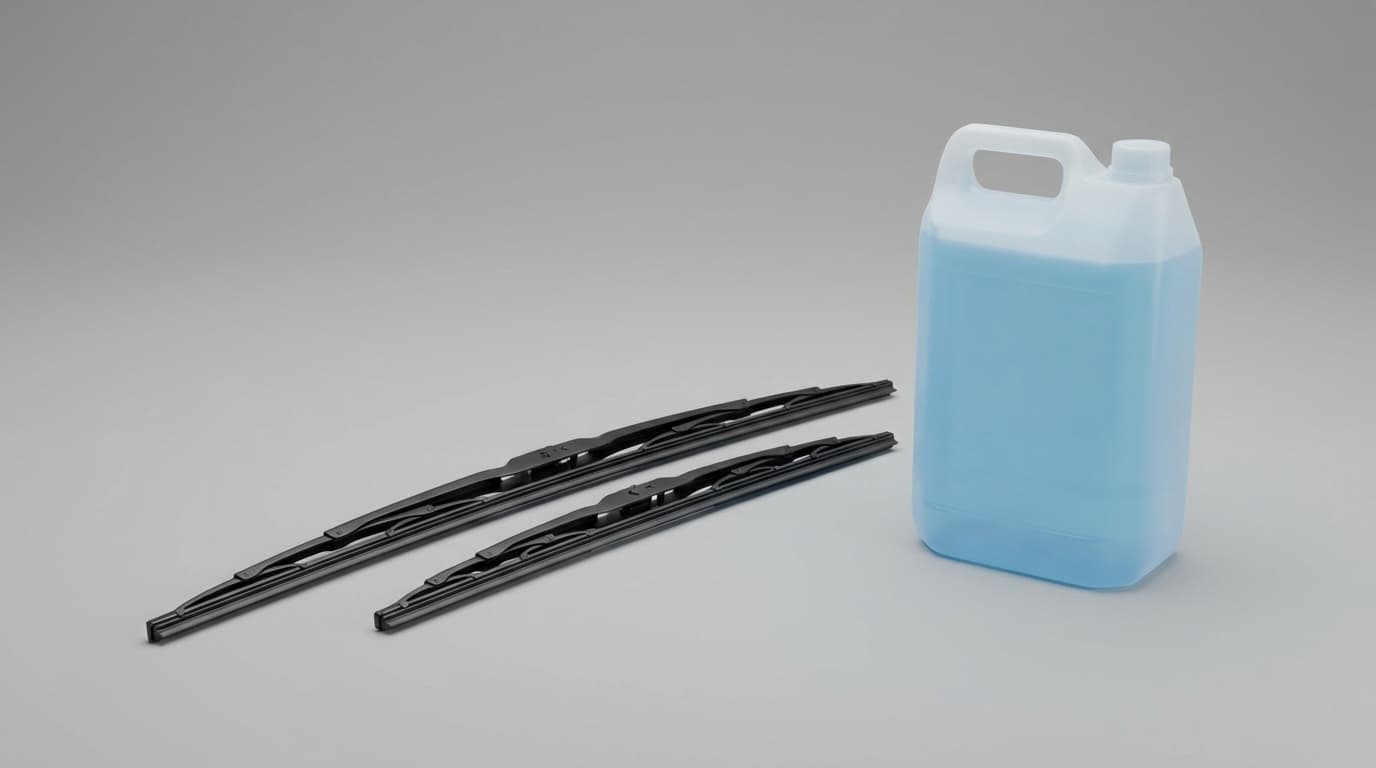 Wipers and washer fluid: Front blades, rear blades, and a refill jug, sized to your fitment.