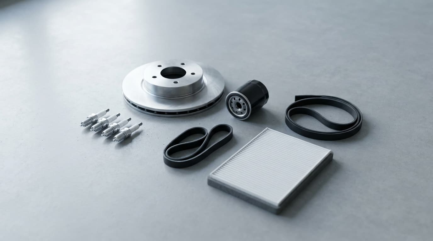 Business showcase preview: an overhead view of unbranded automotive maintenance parts, used as the FitFirst Parts demo hero.