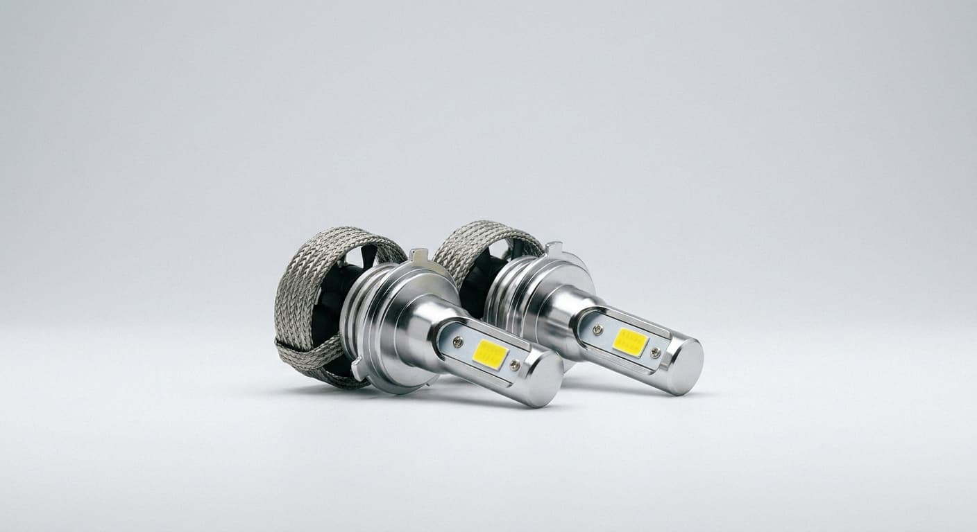 LED headlight conversion pair, 9006 base on a clean studio background