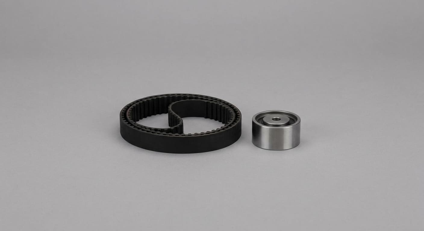 Timing belt kit with tensioner on a clean studio background