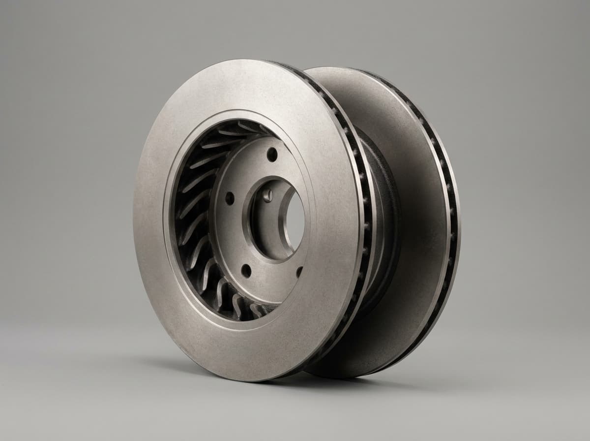 Vented brake rotor pair, front axle on a clean studio background
