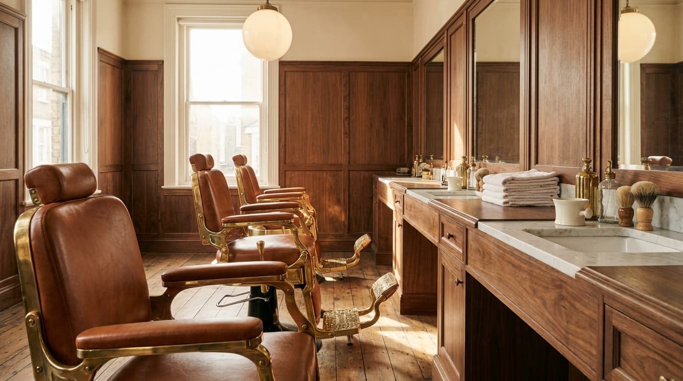 A line of three classic leather barber chairs receding down the room of Iron and Rye, brass-trimmed and cognac-leather, on a wood plank floor, with marble counter stations along the right wall and warm late-morning window light from the left