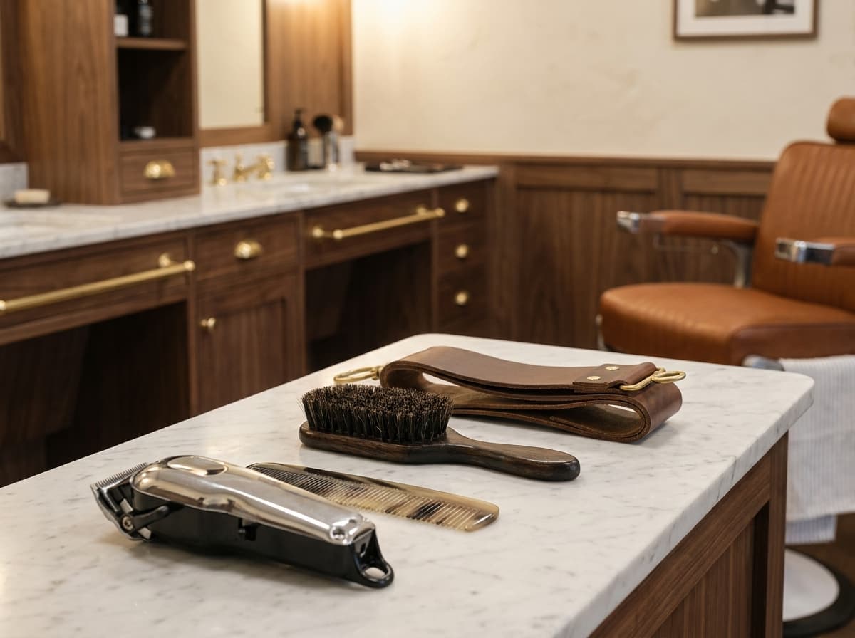 Iron and Rye marble counter with a barbering kit laid out: unbranded chrome clippers, a horn comb, a wooden-handled boar-bristle brush, and a folded leather strop