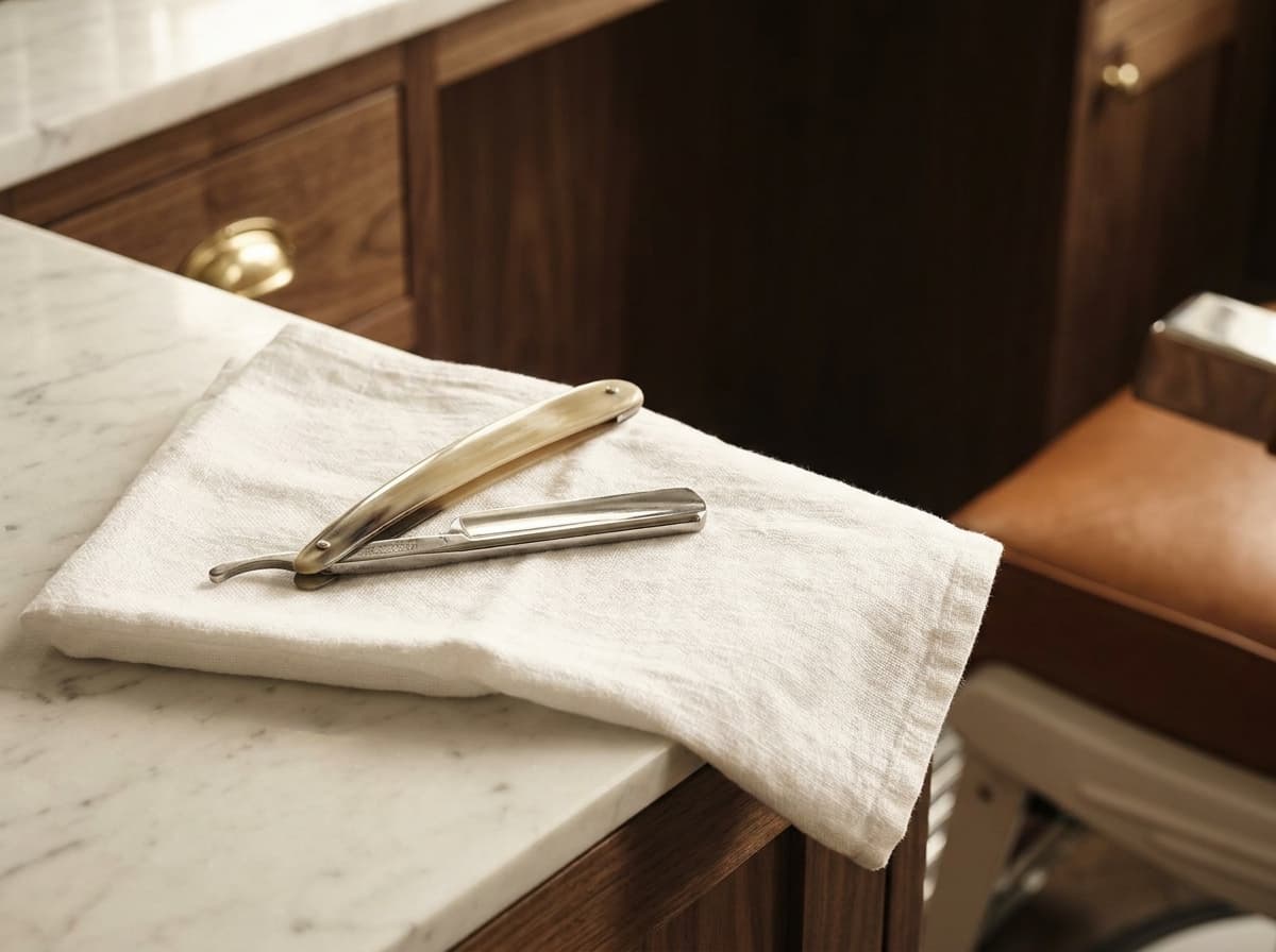 Close still-life of a single vintage straight razor with a pale horn handle resting on a folded white linen hand towel on the polished white marble counter, walnut cabinetry and a hint of polished brass hardware in the soft background, warm window light from the left