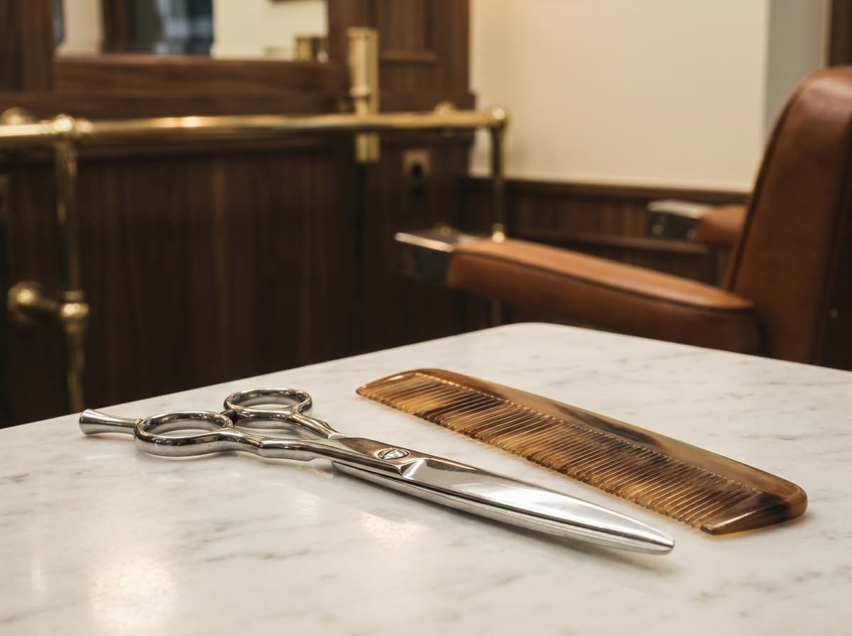 Tight close-up of a pair of polished steel barber scissors resting on a white marble counter beside a horn comb, warm soft light catching the steel, the marble's grey veining visible underneath, walnut cabinetry and brass detail soft in the background