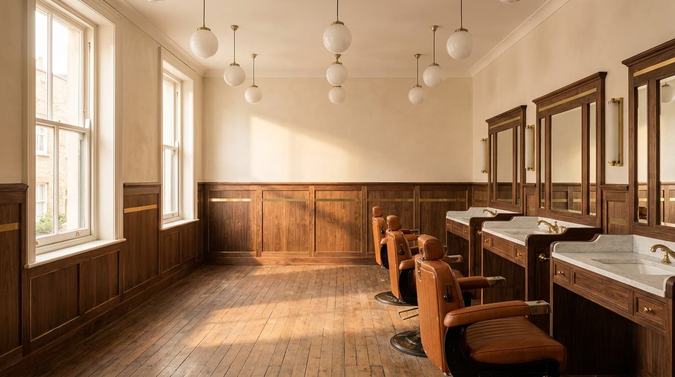 Wide interior of Iron and Rye between appointments: three leather barber chairs along the right wall at their walnut-and-marble stations with tall mirrors above each, a row of frosted-glass globe pendants overhead, cream-painted plaster above the walnut wainscot, large unblinded sash windows on the left admitting warm afternoon light