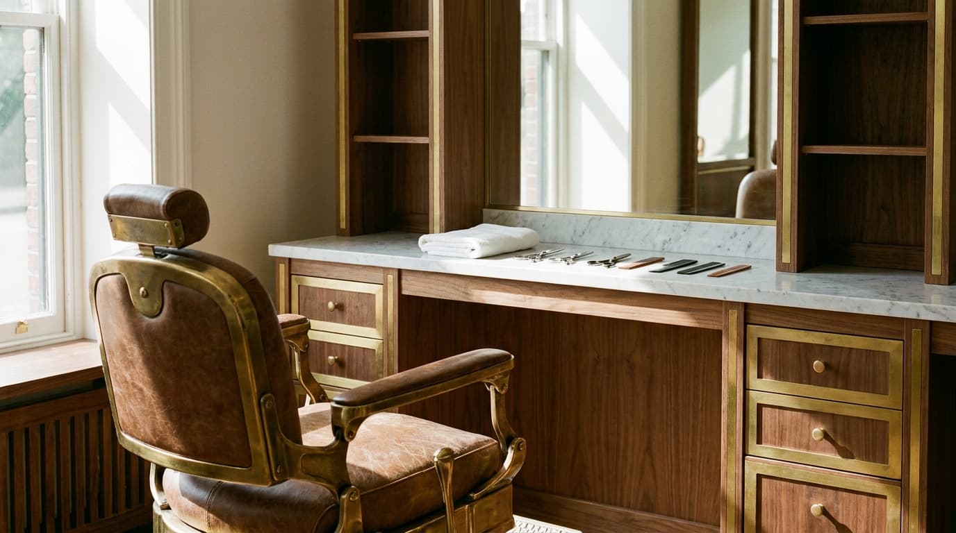 Warm interior of a classic neighborhood barbershop with a leather chair and walnut paneling