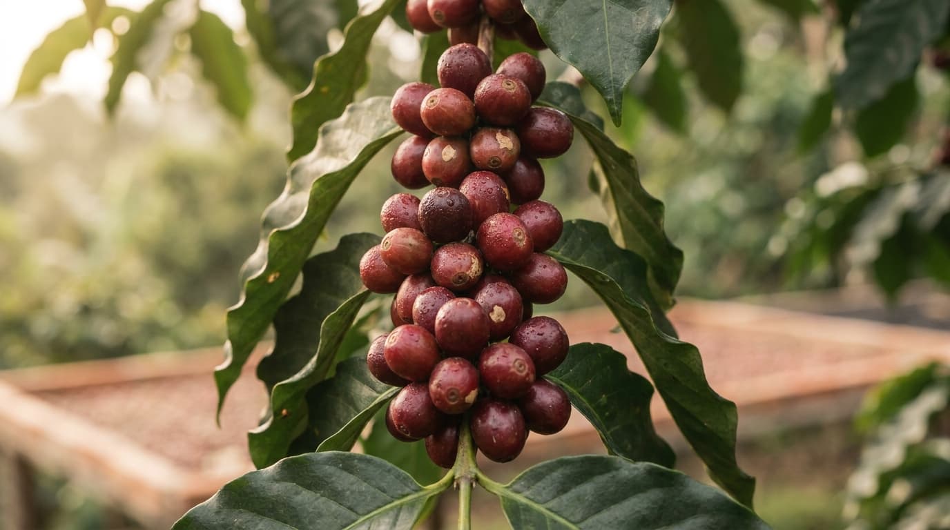 Documentary close-up photograph of ripe red coffee cherries on the branch at Hambela Wamena: cherries at full ripeness ready for picking, soft natural side light, dew still on a few cherries, no hands in frame