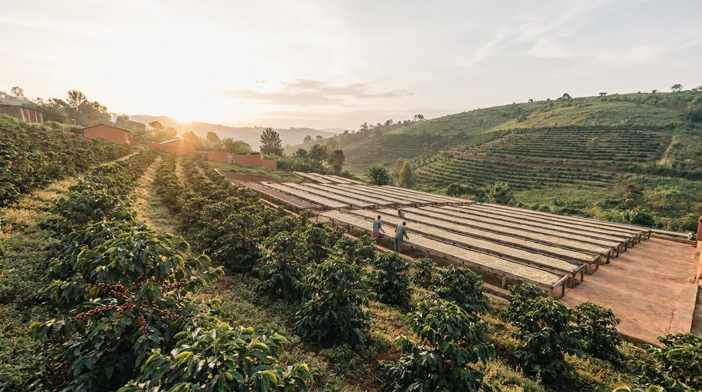 Wide documentary landscape photograph of Hambela Wamena at 1,950 to 2,150 m in Western Guji, Ethiopia: rows of coffee trees on a hillside, the wet-mill drying patio in the middle distance, warm morning light, no identifiable close portraits