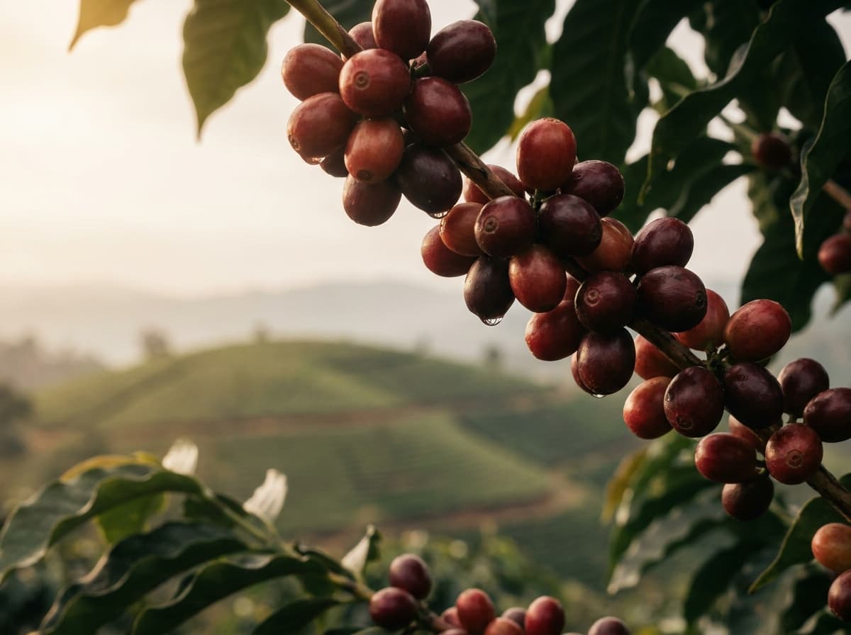 Editorial documentary photograph of this month's origin at Northbound Coffee Co.: coffee cherries on the branch at Hambela Wamena in Western Guji, Ethiopia, warm directional morning light, no identifiable close portraits