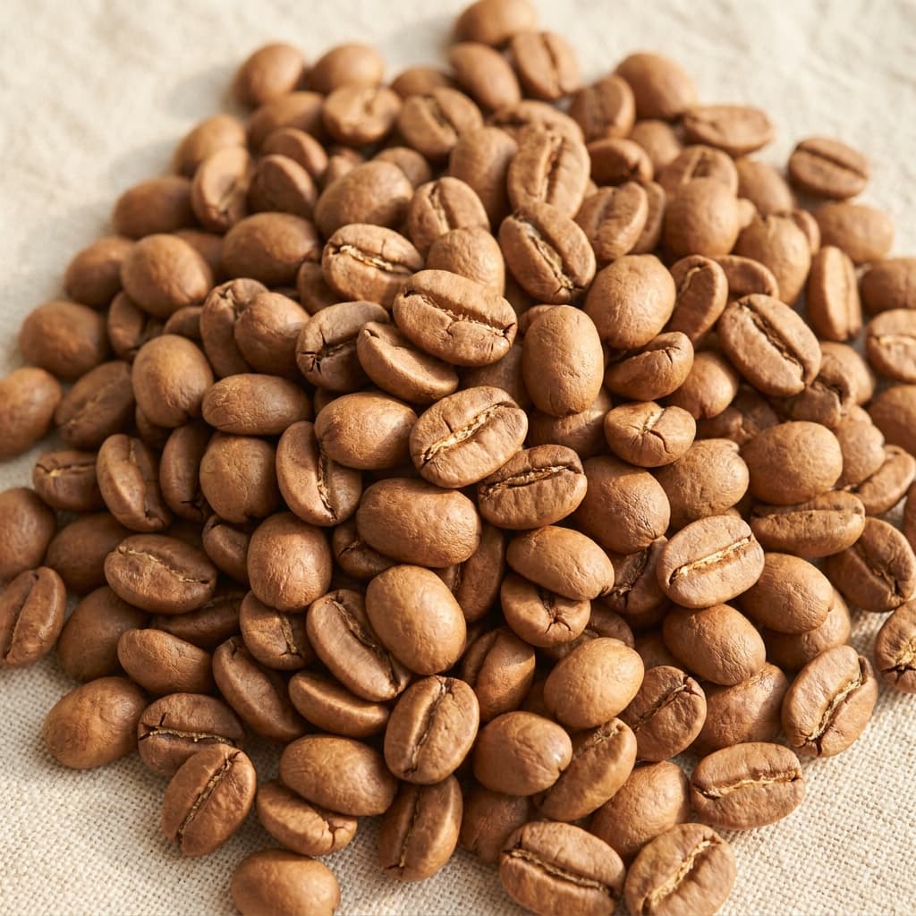 Close still-life of whole light-to-medium roasted coffee beans on a paper-cream studio surface, beans showing a light cinnamon-brown roast with visible oils on a few beans, warm overhead light
