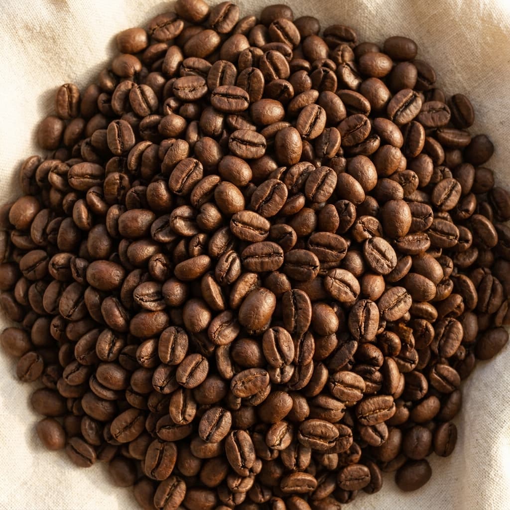 Close still-life of whole medium-to-dark roasted coffee beans on a paper-cream studio surface, beans showing a deeper brown roast with light surface oils, warm overhead light