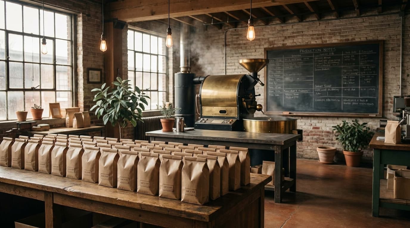 Wide editorial photograph of the Northbound roastery in low warm light: paper coffee bags stacked on a counter, the printed roasted-on date labels visible, no hands or faces in frame