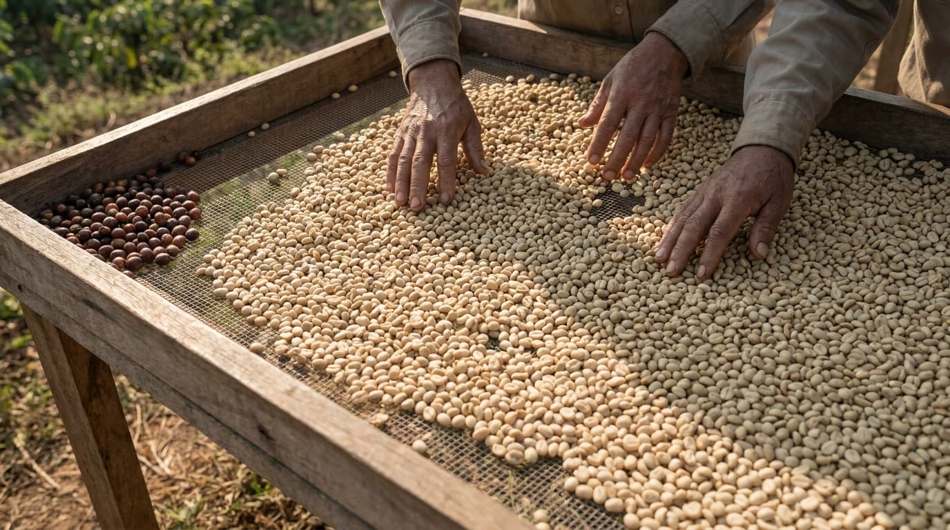 Documentary photograph of hands sorting parchment coffee beans on the wet-mill drying patio at Hambela cooperative: only the hands and the beans visible in frame, no faces, warm directional light on the drying parchment, beans in mid-sort being moved across the patio