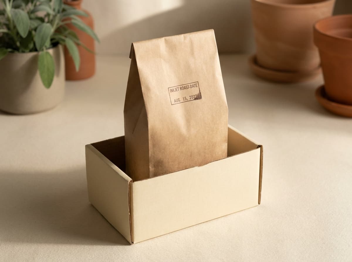 A single twelve-ounce brown paper coffee bag in the warm-cream Northbound box, the bag's printed roasted-on date label visible, on a paper-cream studio surface