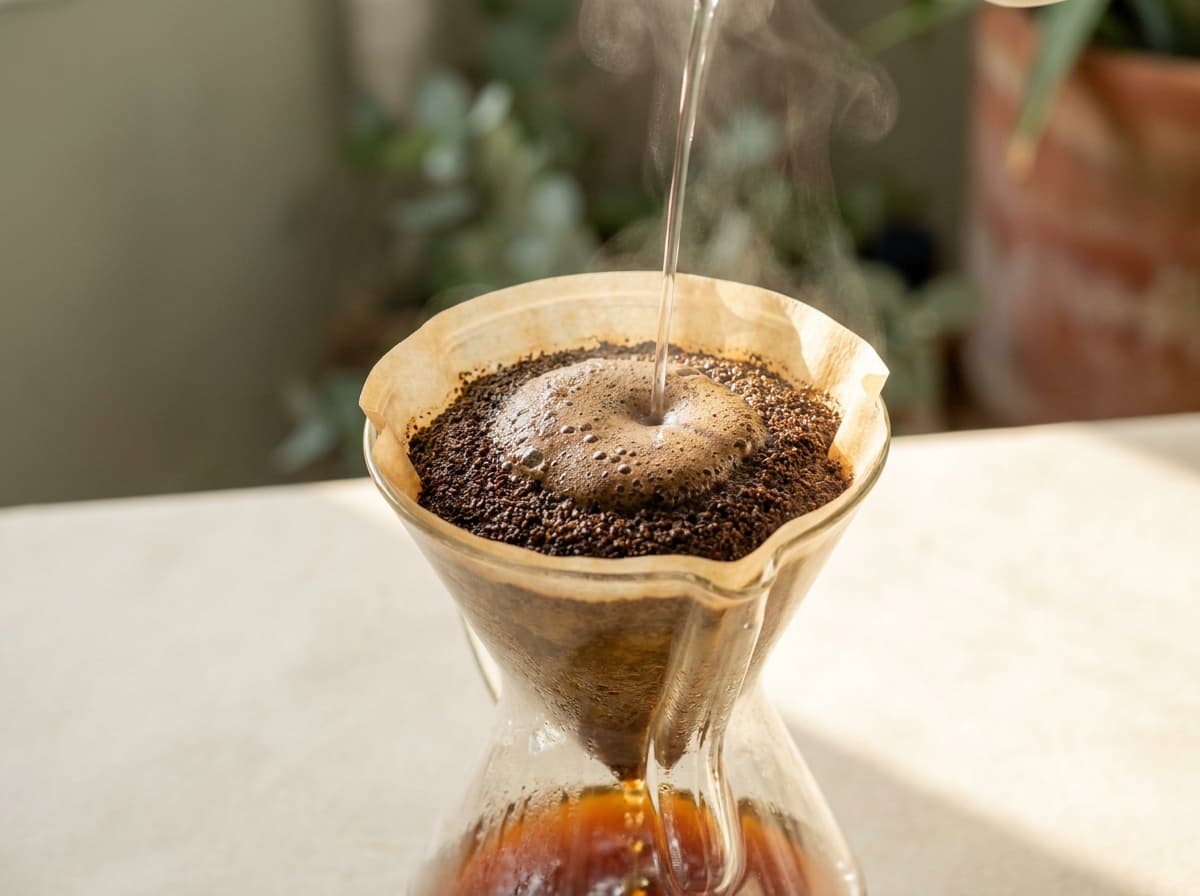 A pour-over brew in progress: a clear glass Chemex with grounds blooming, warm directional light, no hands or faces in frame