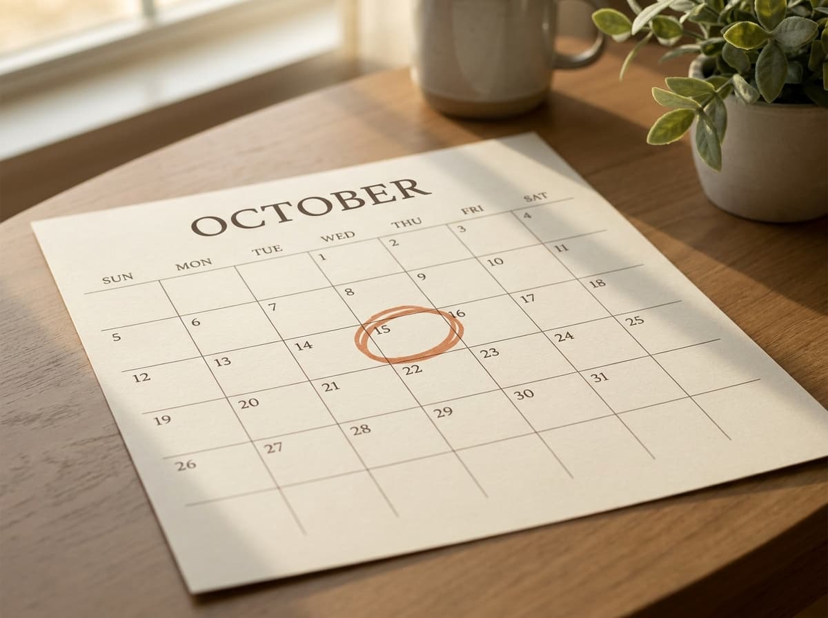 A wall calendar grid with a single date marked in terracotta to indicate the upcoming ship date, no other writing visible, paper-cream background