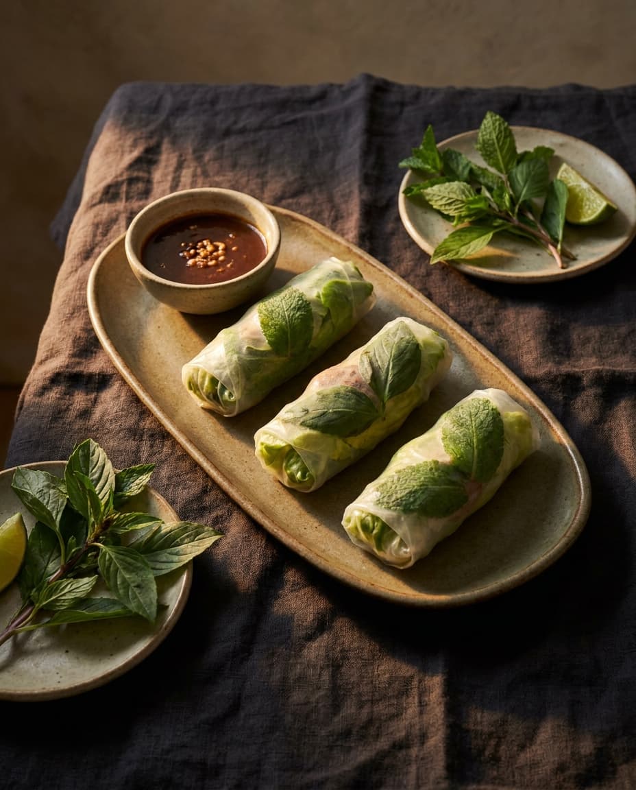 Close, overhead photograph of a single dish at Phở Heights on dark linen, garnish and steam visible