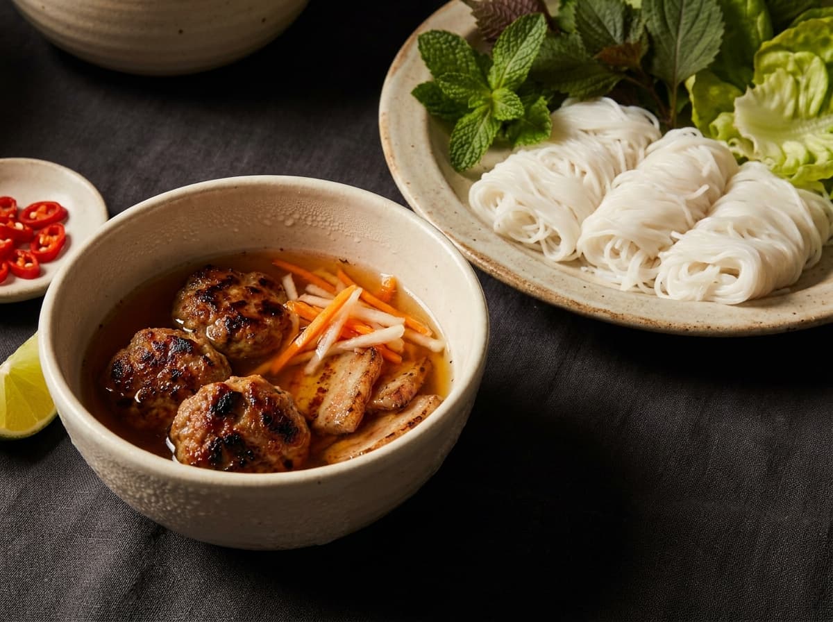 Editorial food photograph of Bún chả, on dark linen in warm low light: Grilled pork patty and belly, warm dipping broth, vermicelli, herb plate.