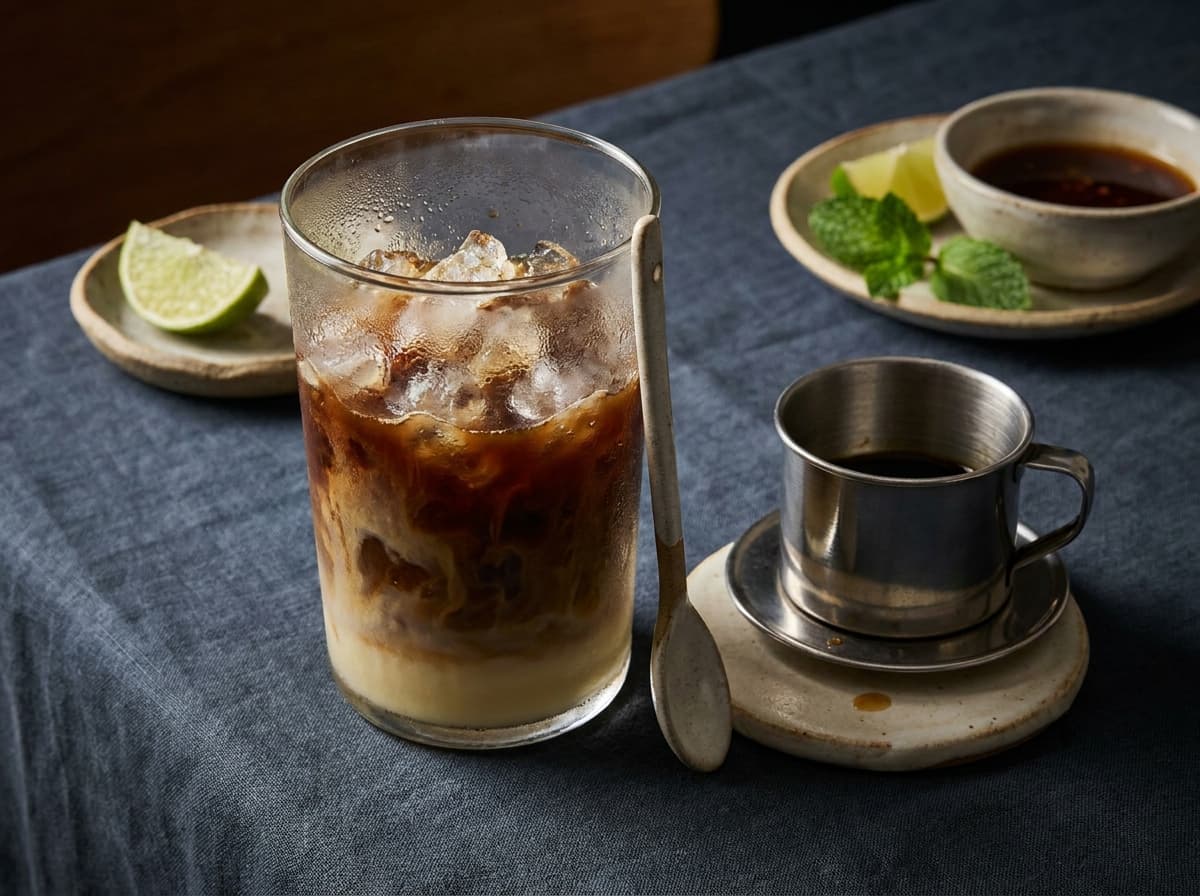 Editorial food photograph of Cà phê sữa đá, on dark linen in warm low light: Vietnamese iced coffee, condensed milk, robusta from Đà Lạt.