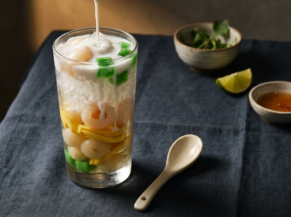 Editorial food photograph of Chè thái, on dark linen in warm low light: Tropical fruit, jelly, coconut milk over crushed ice.