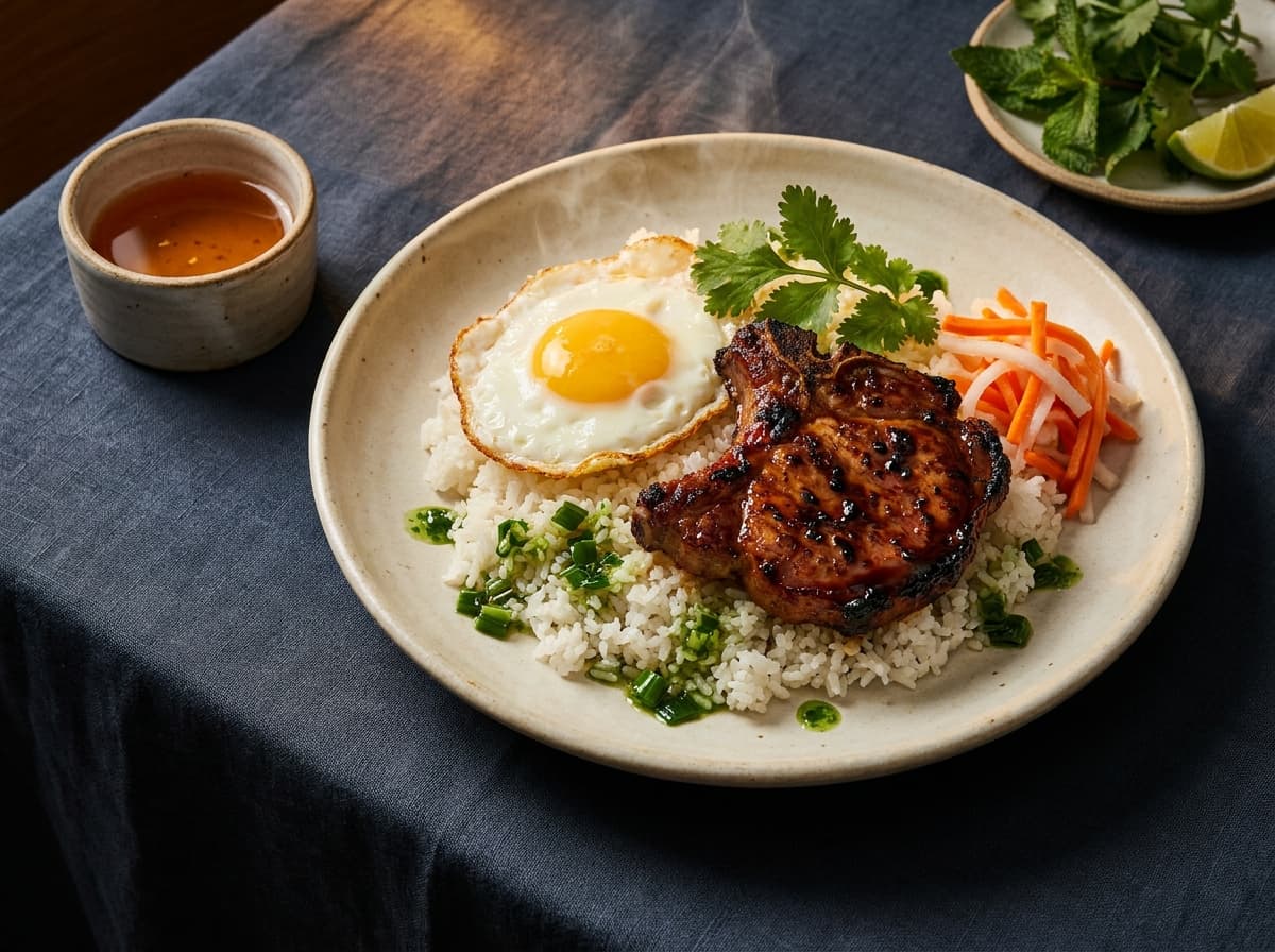 Editorial food photograph of Cơm tấm, on dark linen in warm low light: Broken rice, grilled pork chop, fried egg, pickled vegetables, scallion oil.