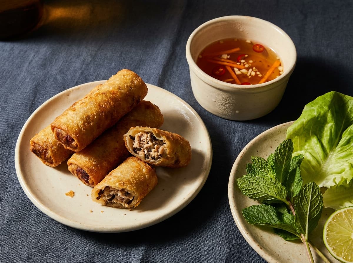 Editorial food photograph of Crispy spring rolls, on dark linen in warm low light: Pork and wood-ear mushroom, fried until shattering. Nuoc cham.