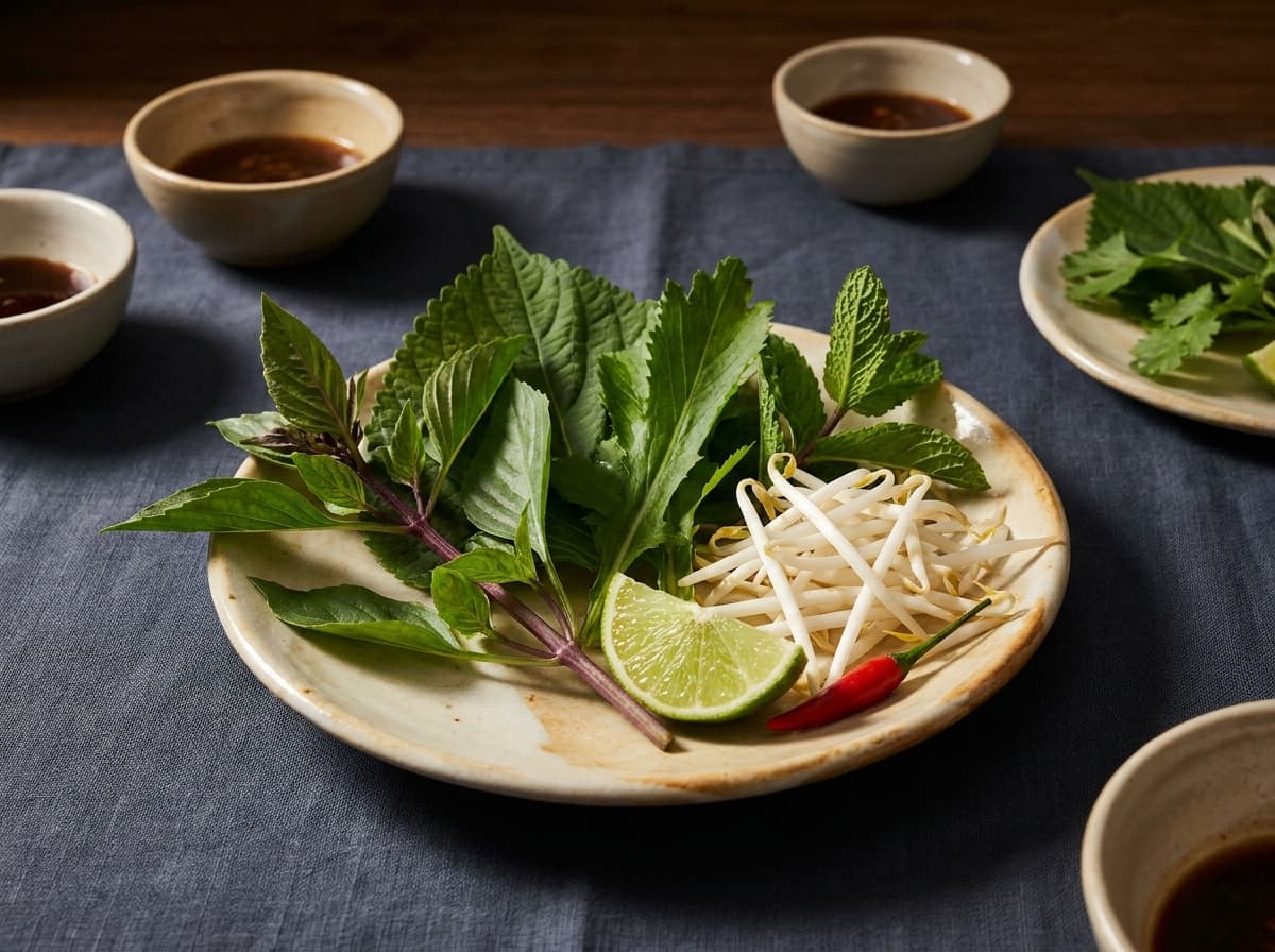 Editorial food photograph of Herb plate, on dark linen in warm low light: Thai basil, sawtooth, perilla, mint, bean sprouts, lime, chili.