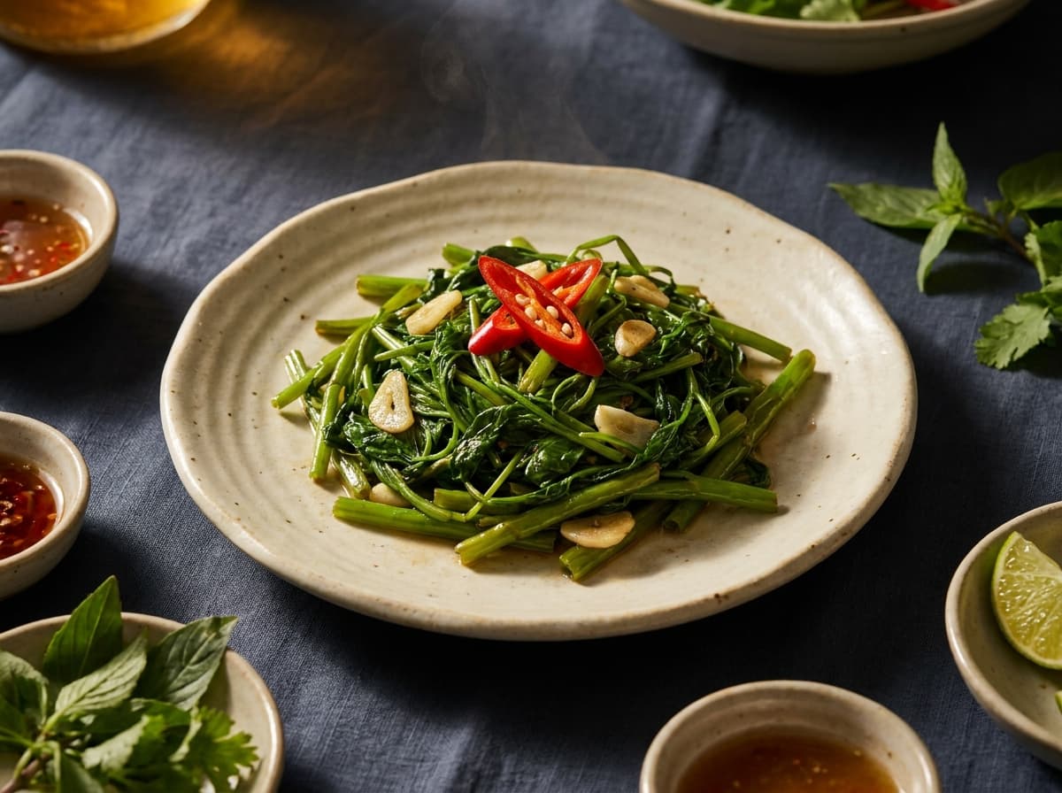 Editorial food photograph of Stir-fried morning glory, on dark linen in warm low light: Garlic, fish sauce, a quick blistering wok. Side or share.