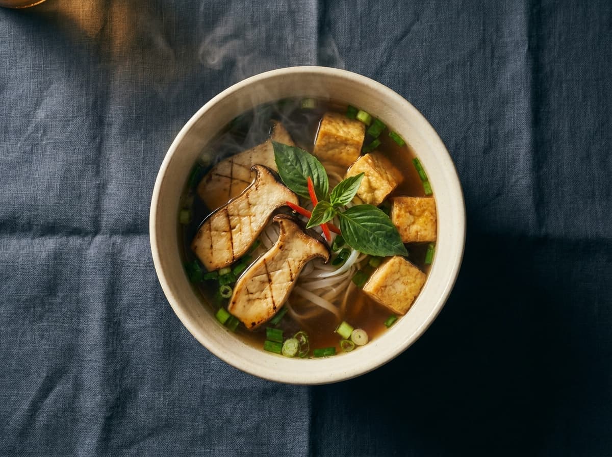 Editorial food photograph of Phở chay, on dark linen in warm low light: Vegetarian broth from charred onion and toasted spice. King oyster mushroom, fried tofu.
