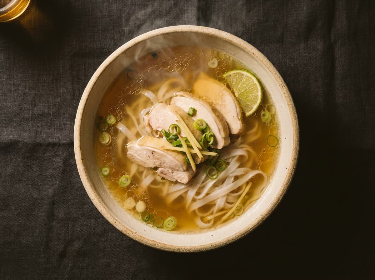 Editorial food photograph of Phở gà, on dark linen in warm low light: Old-hen broth, poached free-range chicken, ginger oil, lime.