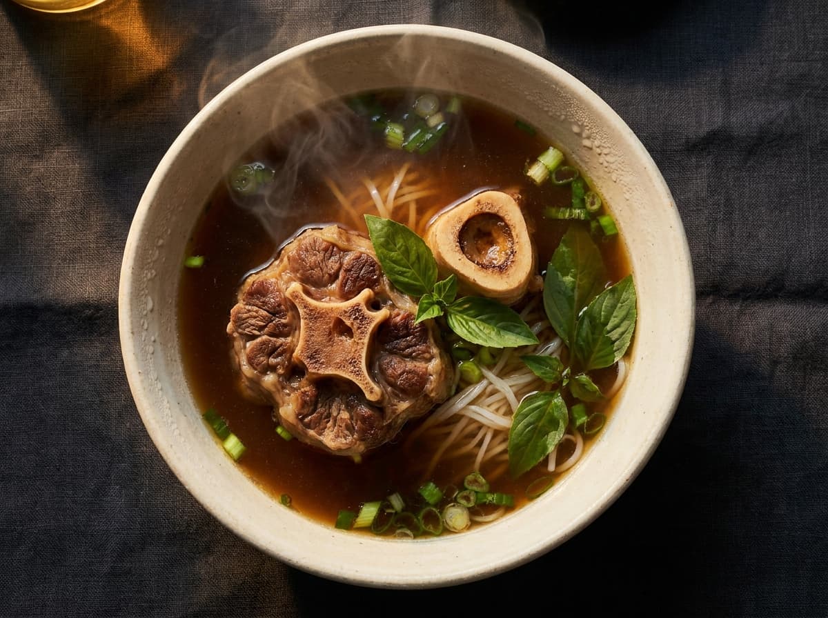 Editorial food photograph of Phở đuôi, on dark linen in warm low light: Tail-and-bone-marrow bowl. Richer, slower. Available evenings only.