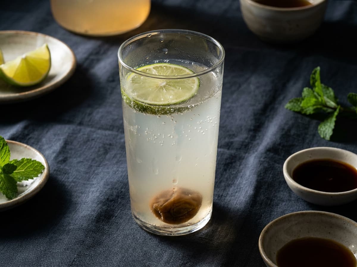 Editorial food photograph of Salt-plum soda, on dark linen in warm low light: Pickled plum, soda, lime. The summer drink, all year.