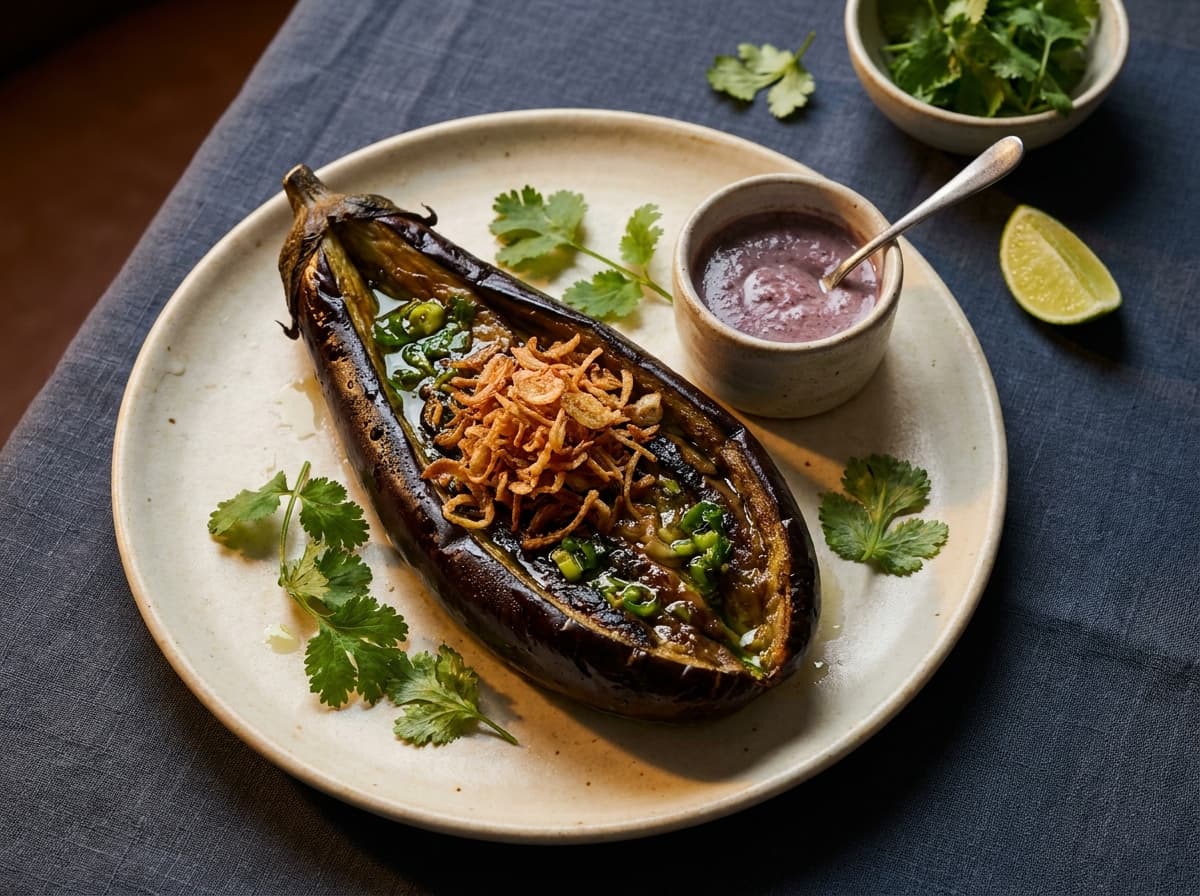 Editorial food photograph of Smoked aubergine, on dark linen in warm low light: Charred until silken, scallion oil, fried shallot, mam tom on request.