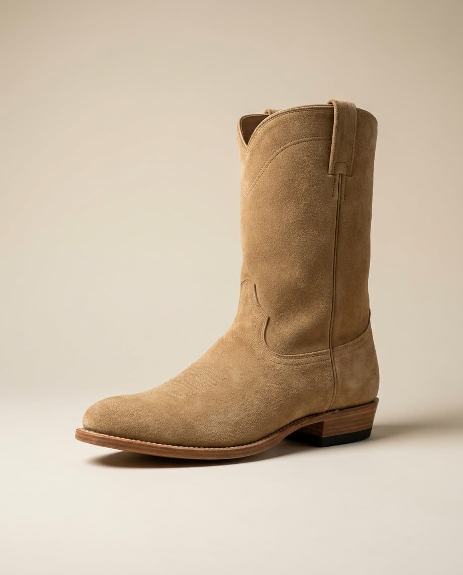 Editorial product photograph of The Juniper, a sand roughout suede rounded-toe western boot with a 1.5 inch walking heel and a half-rubber heel pad