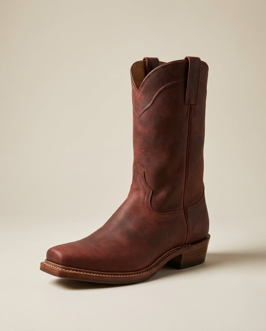 Editorial product photograph of The Saguaro, an oxblood pull-up leather broad-square-toe western boot with double-row welt stitching and a 1.25 inch riding heel